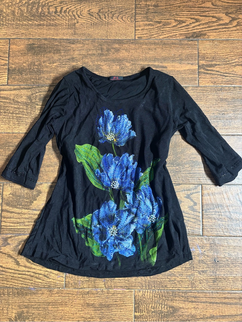 PQ Black Long Sleeve Scoop Neck Top with Blue Floral Tulips
